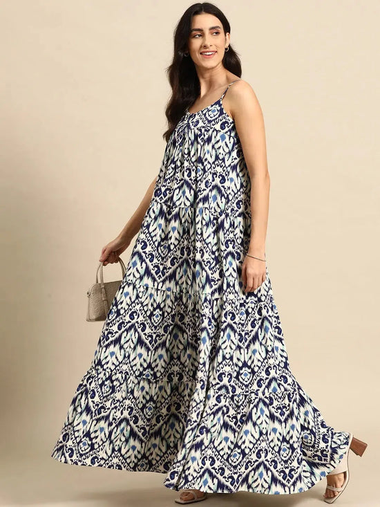 Tiered maxi Dress in Blue Ikkat Print