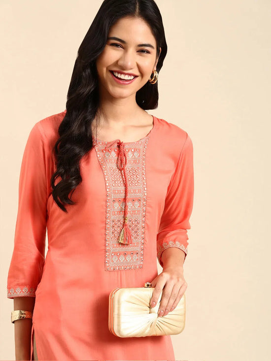 Women's Pink Printed Straight Kurta-NJ-3451419-Peach