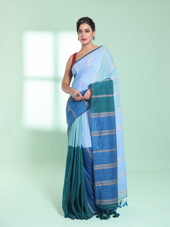 Blue Patli Pallu Cotton Saree With Stripes Design-MA59CT06540015