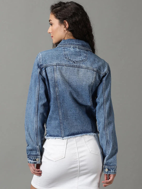 Women's Blue Solid Denim Jacket-LT-JKT-10460-Blue