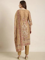 Women Straight Beige Floral Kurta and Trousers Set Comes With Dupatta-BC-SK-1704-Beige