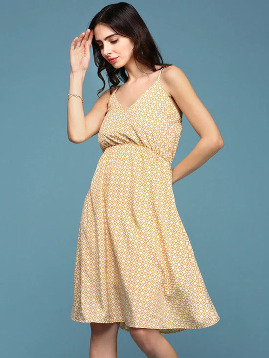 Women's Yellow Printed Fit and Flare Dress-AE-15098-Yellow