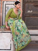 Saree Mall Women's Linen Blend Green Printed Designer Saree With Blouse Piece-NITRA302