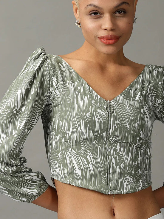 Women's Olive Printed Crop Top-AE-10550-Olive