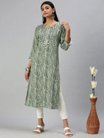 Women's Beige Printed Straight Kurta-HO136-Cream-Green