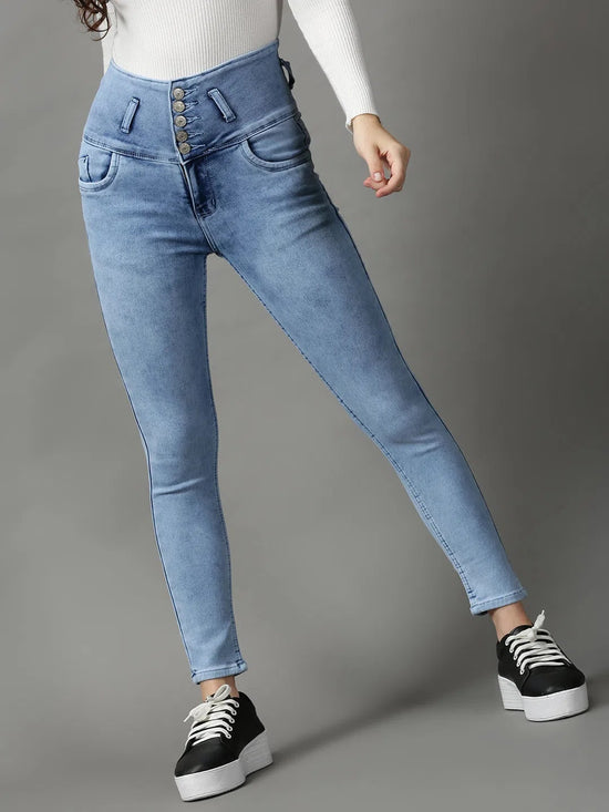 Women's Blue Solid Skinny Fit Denim Jeans-GZ-5318-Blue