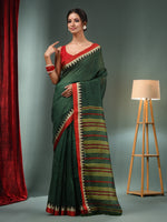 Forest Green Silk Linen Handwoven Saree With Temple Border-MA50SLN061100098