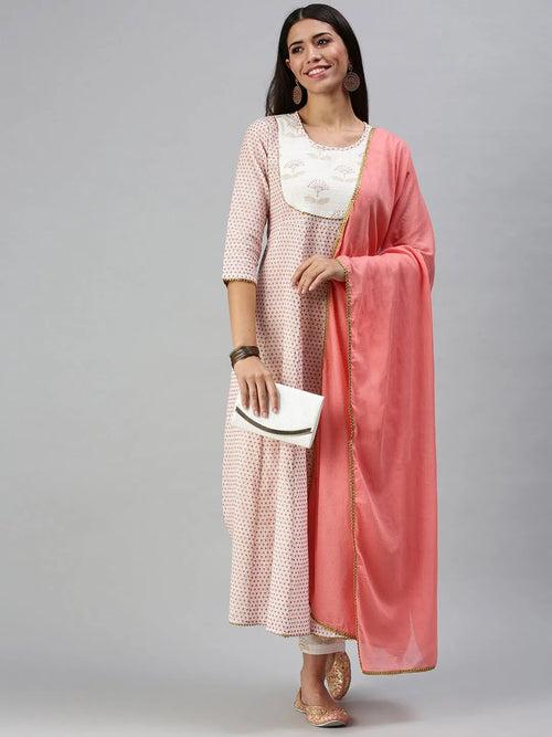 Women's White & Pink Printed Kurta Sets-BS1595A-White-Pink