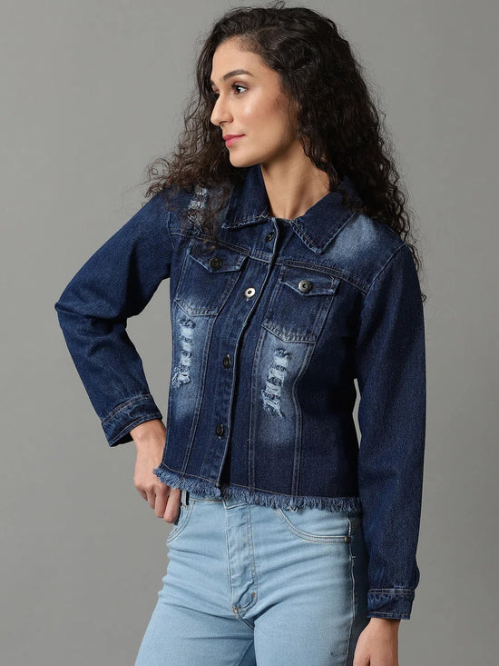 Women's Navy Blue Solid Denim Jacket-AE-9506-Navyblue