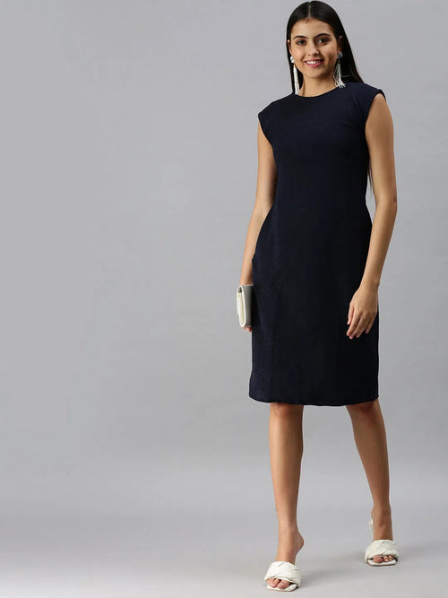 Women Navy Blue Solid A-Line Dress-AE-9882-Navyblue