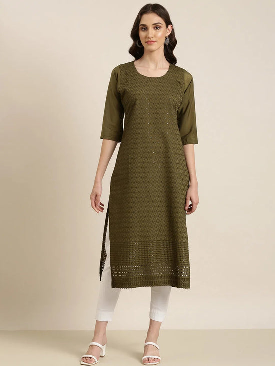 Women Olive Embellished Straight Kurta-SKC-1210-Olive