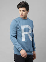 Rigo Blue Printed Round Neck Full Sleeve Fleece Sweatshirt