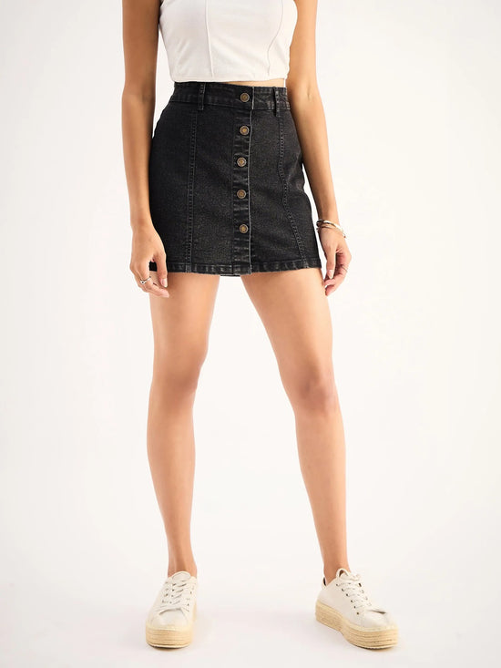 Women Black Denim Front Button A-Line Mini Skirt