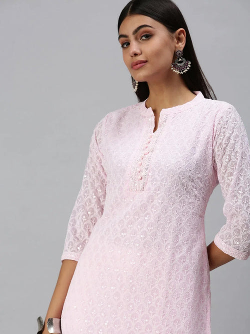 Women's Pink Embroidered Straight Kurta-SKC3208-Pink