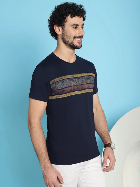 Venitian Men Printed Round Neck Navy Cotton T-Shirt