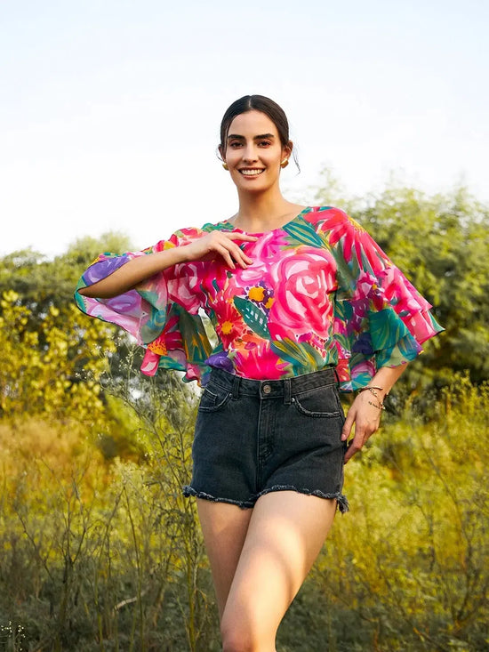 Double layered frill sleeve top in Pink and Green Print