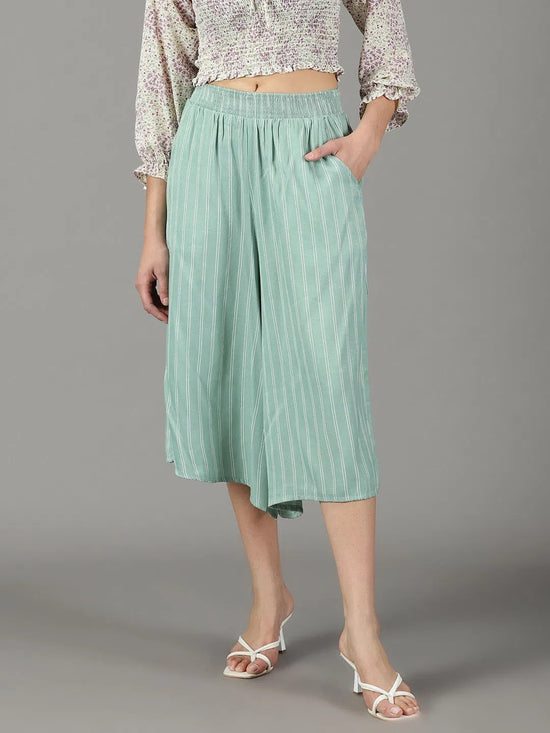 Women's Sea Green Striped Culottes-AE-10445-Seagreen