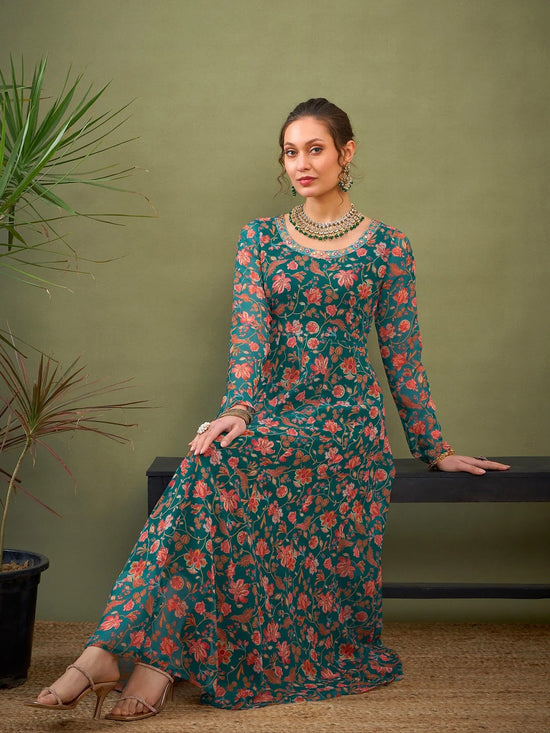 Women Teal Green Floral Anarkali Kurta