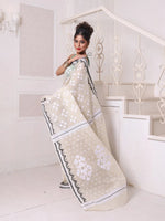 Beige Cotton Handwoven Jamdani Saree-MA64JM401380037