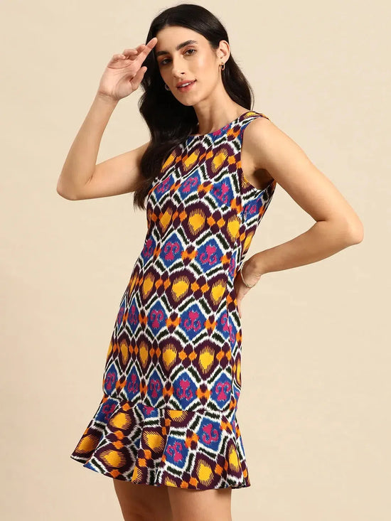 Shift Dress with flare at the hem in Multi Color Ikkat Print