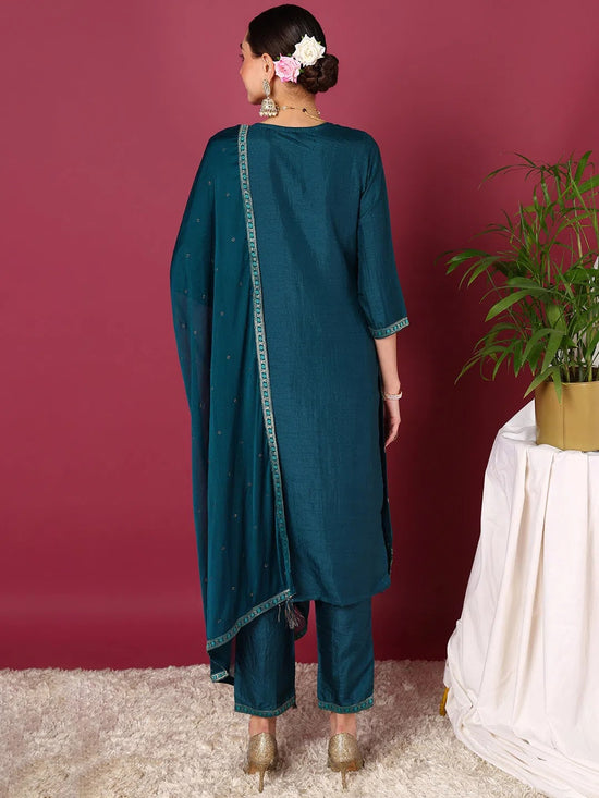 Ahika Women Teal Silk Blend Woven Design Straight Kurta Pant Set With Dupatta