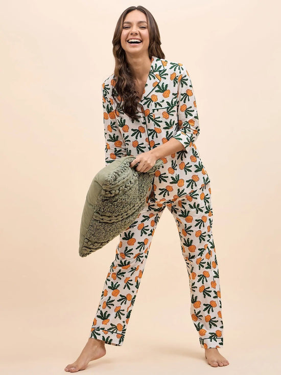 Shirt Pyjama Set in Orange Color Fruit Print