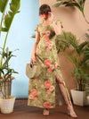 Women Olive Floral Sweet Heart-Neck Midi Dress