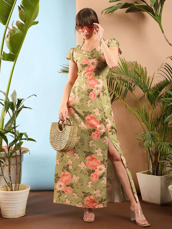 Women Olive Floral Sweet Heart-Neck Midi Dress