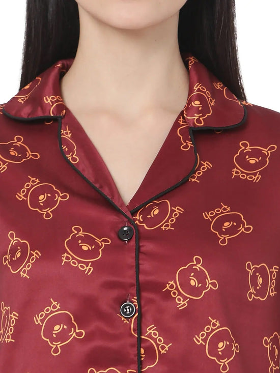 Smarty Pants Women's Silk Satin Maroon Color Pooh Print Night Suit