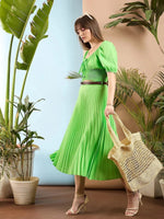 Women Green Accordion Pleated Midi Skirt