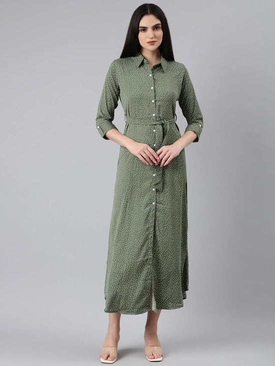 Women Olive Polka Dots Shirt Dress-AE-15992-Olive