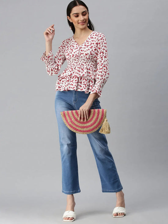 Women's Printed White Top-AE-10226-Whitered