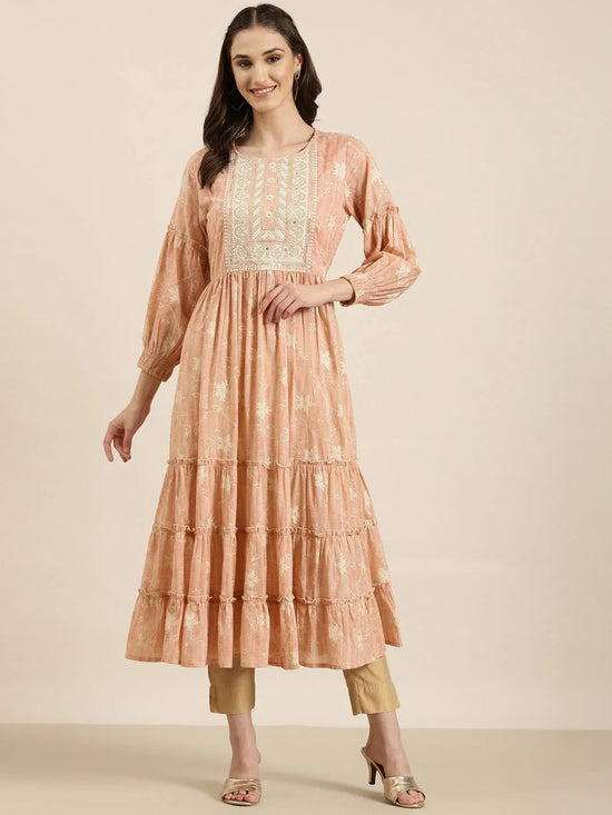 Women Peach Floral Anarkali Kurta-BC-CK987-Peach