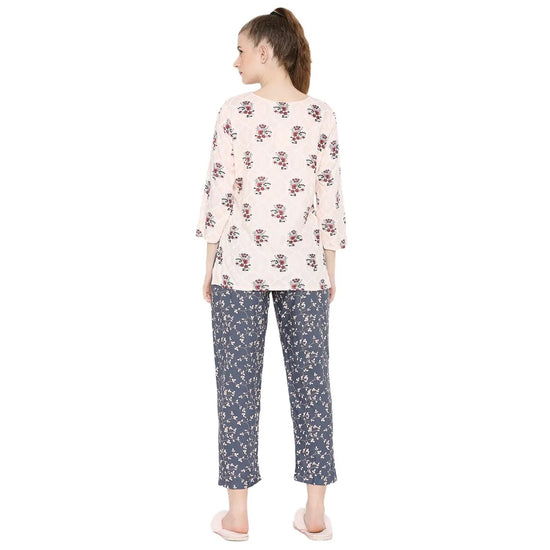 Smarty Pants Women's Cotton Pink & Grey Color Floral Print Night Suit