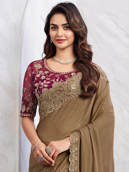 Saree Mall Women's Chiffon Brown Embellished Designer Saree With Blouse Piece-SILVER29013