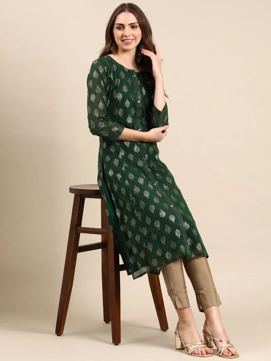 Women's Green Printed Straight Kurta-GC-397-Green