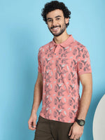 Venitian Men Mercerised Polo Neck All Over Printed Pink T-Shirt With Pocket