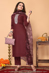 Avanshee Women's Latest Embroidred Cotton Kurta, Pant With Dupatta-ES-7510-Maroon