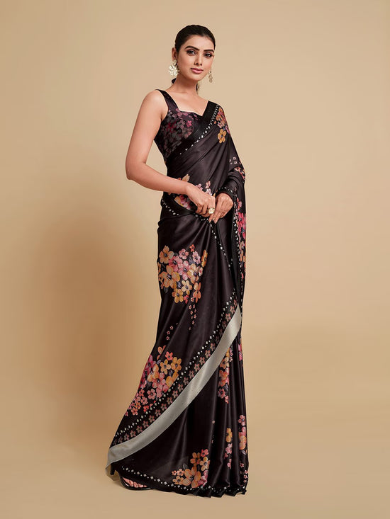 Avanshee Women's Latest Digital Print, Floral Print, Color Block,Bollywood Satin Saree-AVN-8082-BLACK