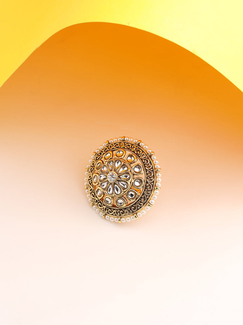 Gold-Plated & White Stone Studded Floral Shape Adjustable Finger Ring