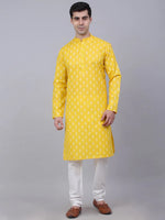 Men Lemon and White Floral Printed Kurta with Churidar-JOKP-650Lemon