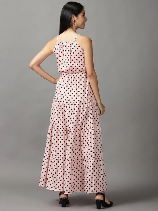 Women's Pink Polka Dots Fit and Flare Dress-AE-15655-Pink