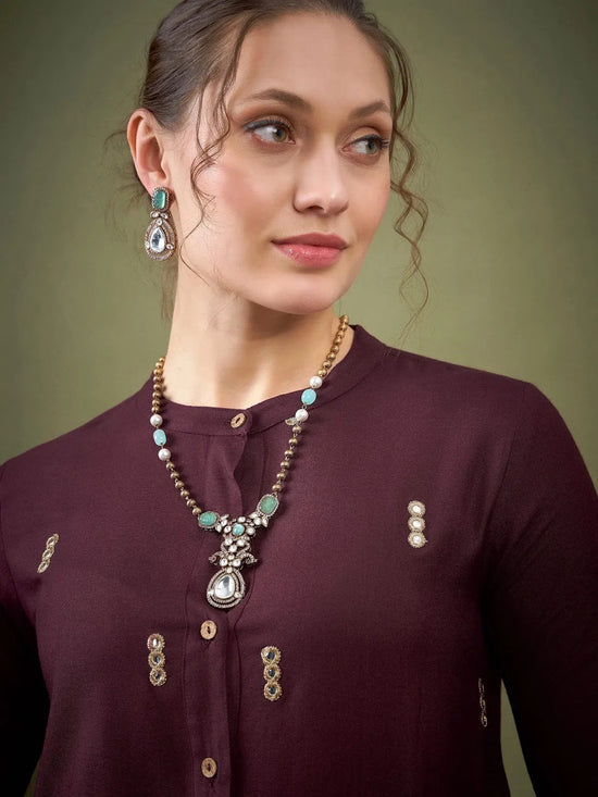 Women Burgundy Rayon Mirror Embroidered Shirt With Palazzos