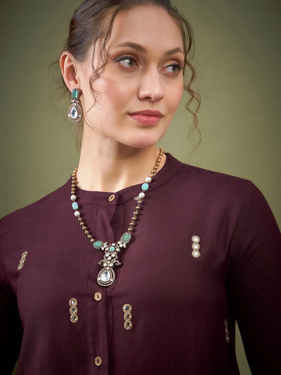 Women Burgundy Rayon Mirror Embroidered Shirt With Palazzos