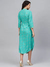 Front Cowl chinese collar printed dress in Mint Blue