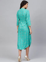 Front Cowl chinese collar printed dress in Mint Blue