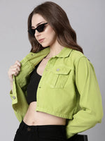 Women Lime Green Solid Denim Jacket-GZ-5600-Limegreen