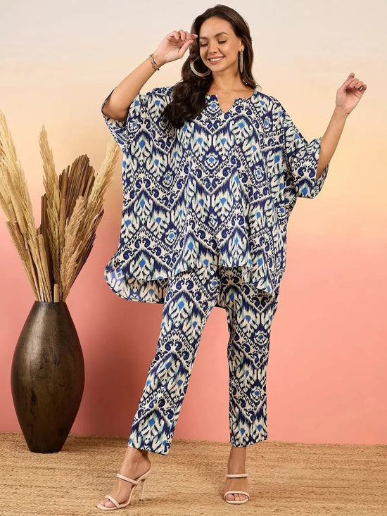 Anti Fit Kaftan Top with Pants in Blue Ikkat Print