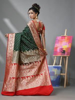 Green And Red Katan Silk Banarasi Patli Pallu Saree With Ethnic Motifs And Zari Woven Designs-MA52KA441380060