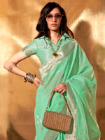 Saree Mall Women's Linen Sea Green Woven Design Designer Saree With Blouse Piece-KELLY371006